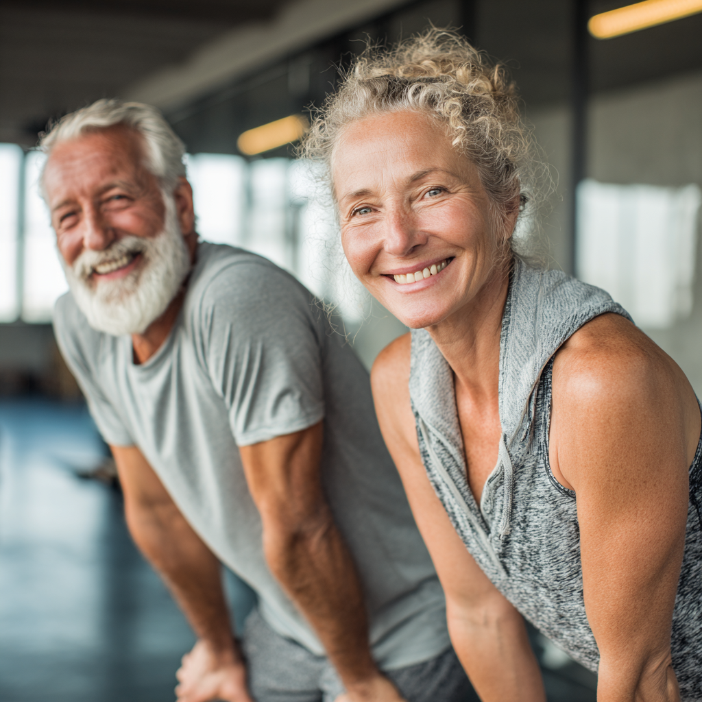 Smiling elderly European woman doing core strengthening exercises in a bright fitness studio